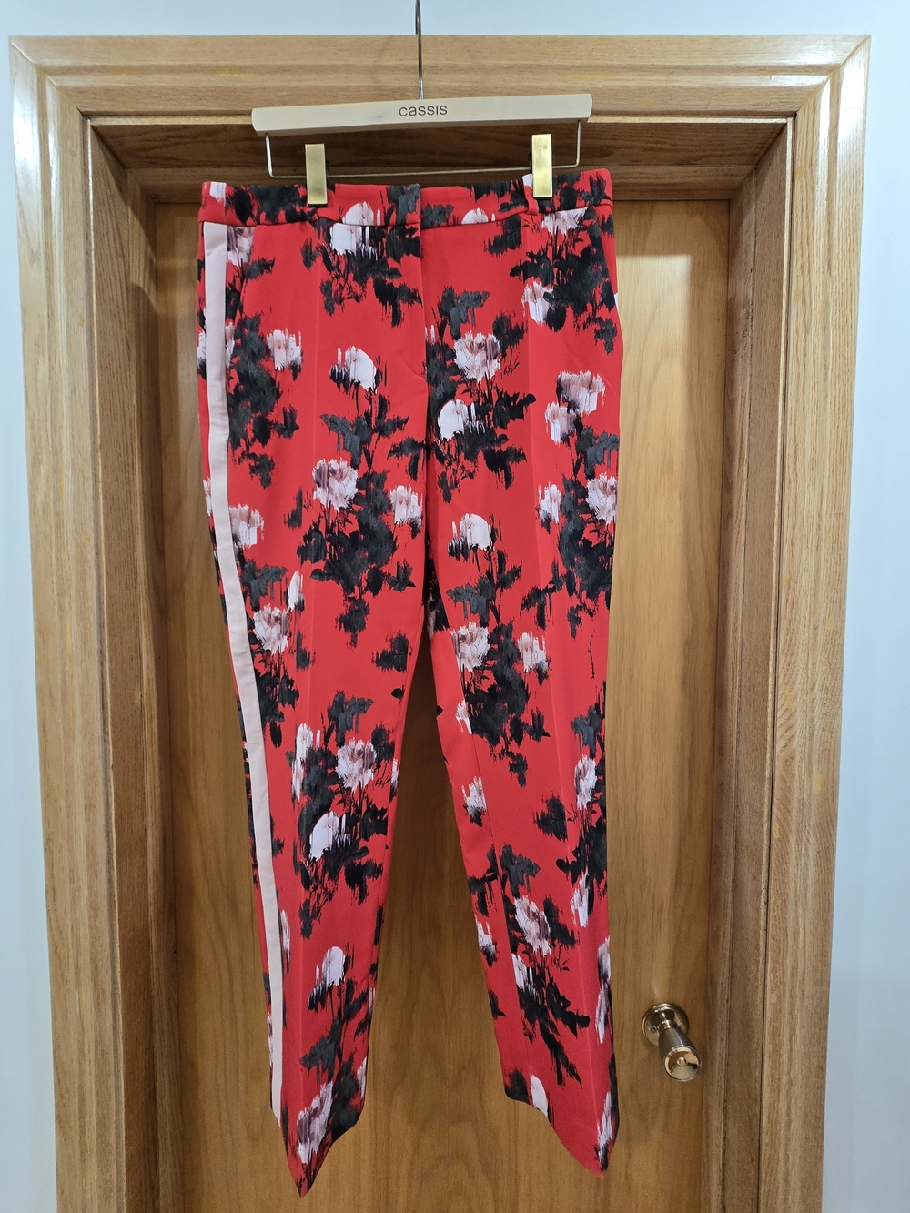 HUGO Hugo Boss Red Floral Tapered Trousers Side Stripe Tuxedo Pants Size 12
